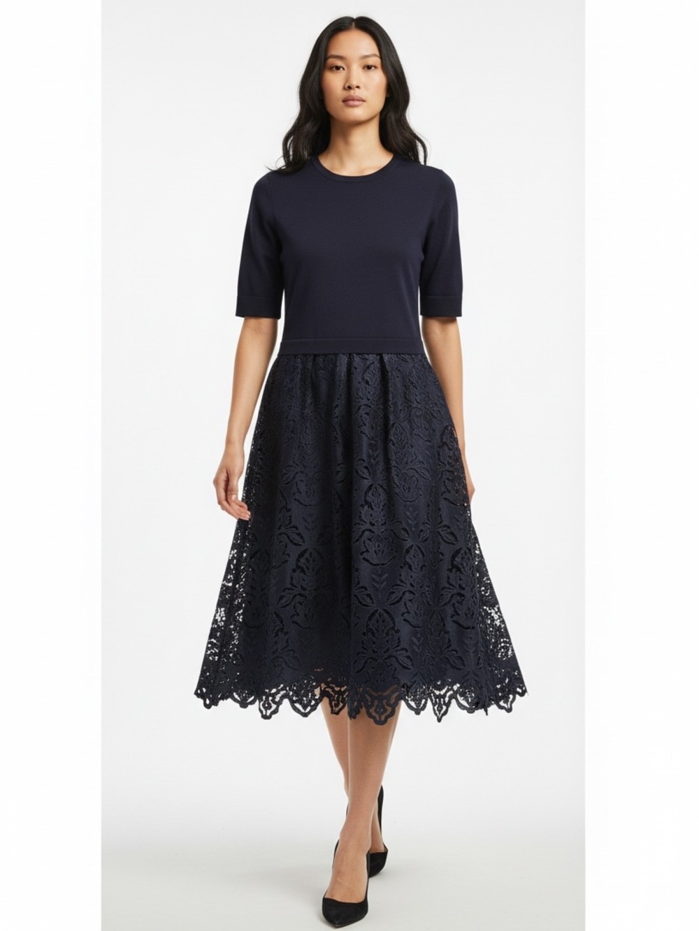 Ann Taylor Navy Floral Lace A-Line Midi Dress Size L